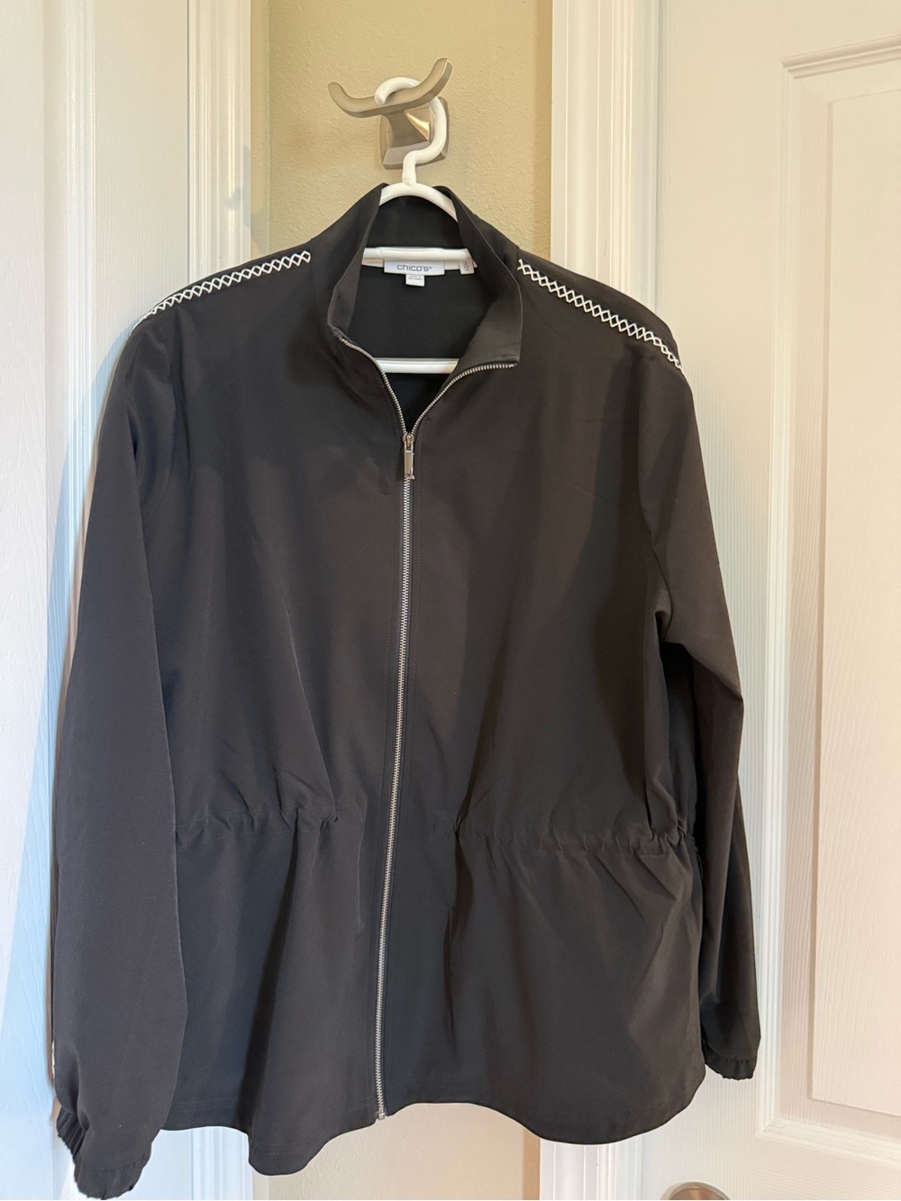 Chico's Black Zip-Up Windbreaker with Contrast Shoulder Trim